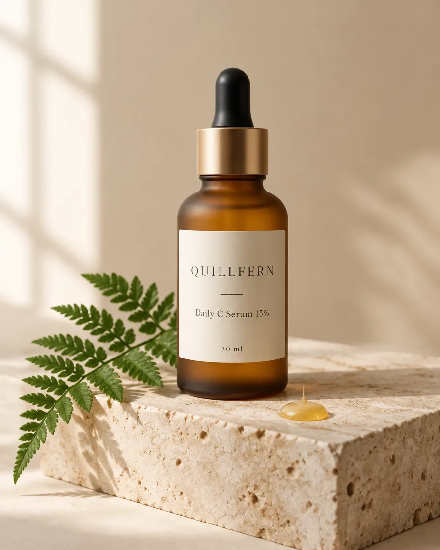 Quillfern Daily C Serum 15%, an AI-made product photo for the fictional demo brand
